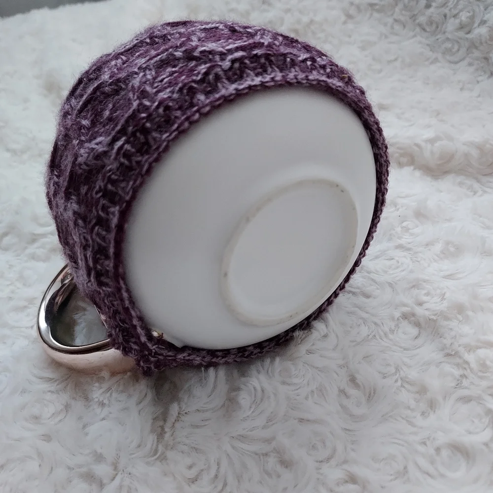 Big Coffee Tea Hot Chocolate Cup with Purple knitted coozie Winter Chalet Cozy